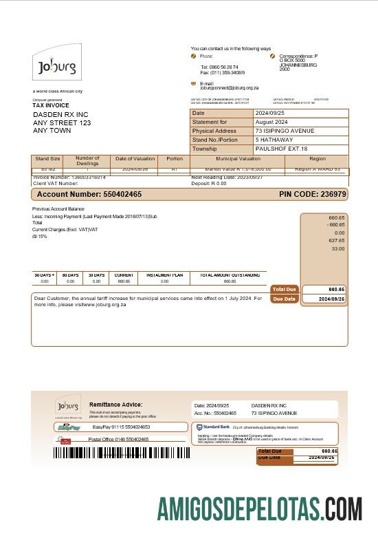 para download África do Sul Joburg Business Utility Bill Páginas de modelo em Word e PDF